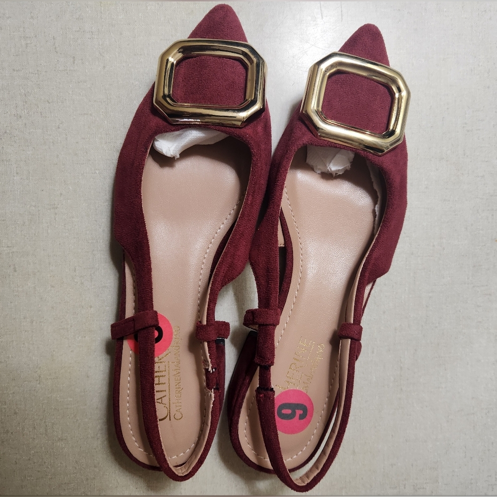 Catherine Malandrino Maroon Suede Slingback Flats w/Gold Accent, S-6, NWOT